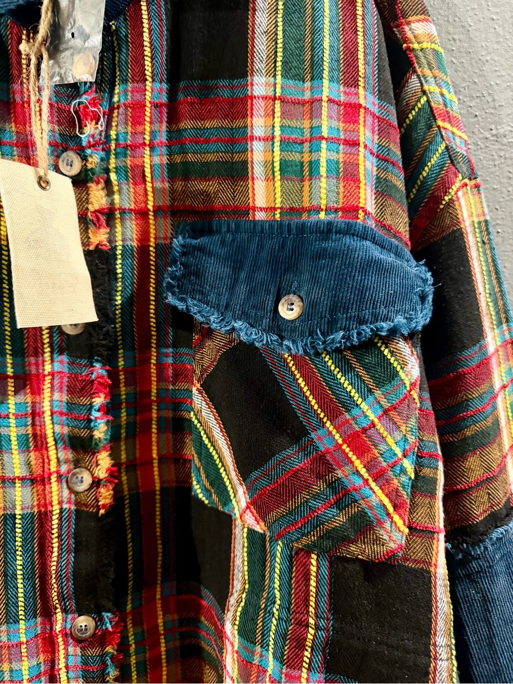 easel Multicolor Plaid Button-Down Shacket with Blue Corduroy Trim - Picture 3 of 10